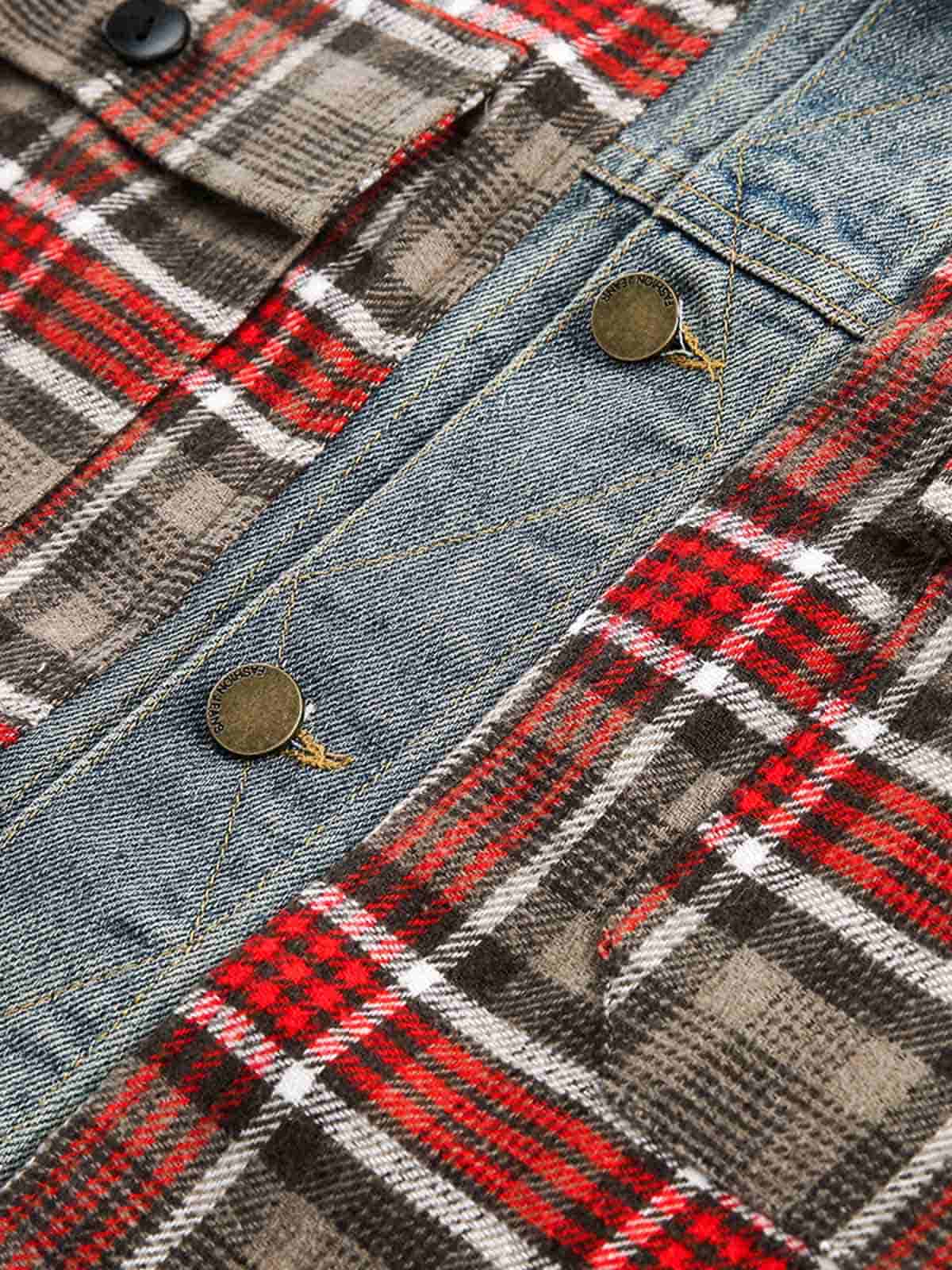 Vintage Plaid Patchwork Denim Panel Shirt 