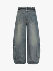 Braided Drawstring Waist Patchwork Cargo Jeans 