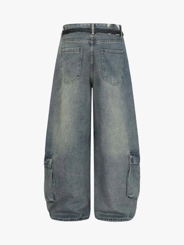 Braided Drawstring Waist Patchwork Cargo Jeans 