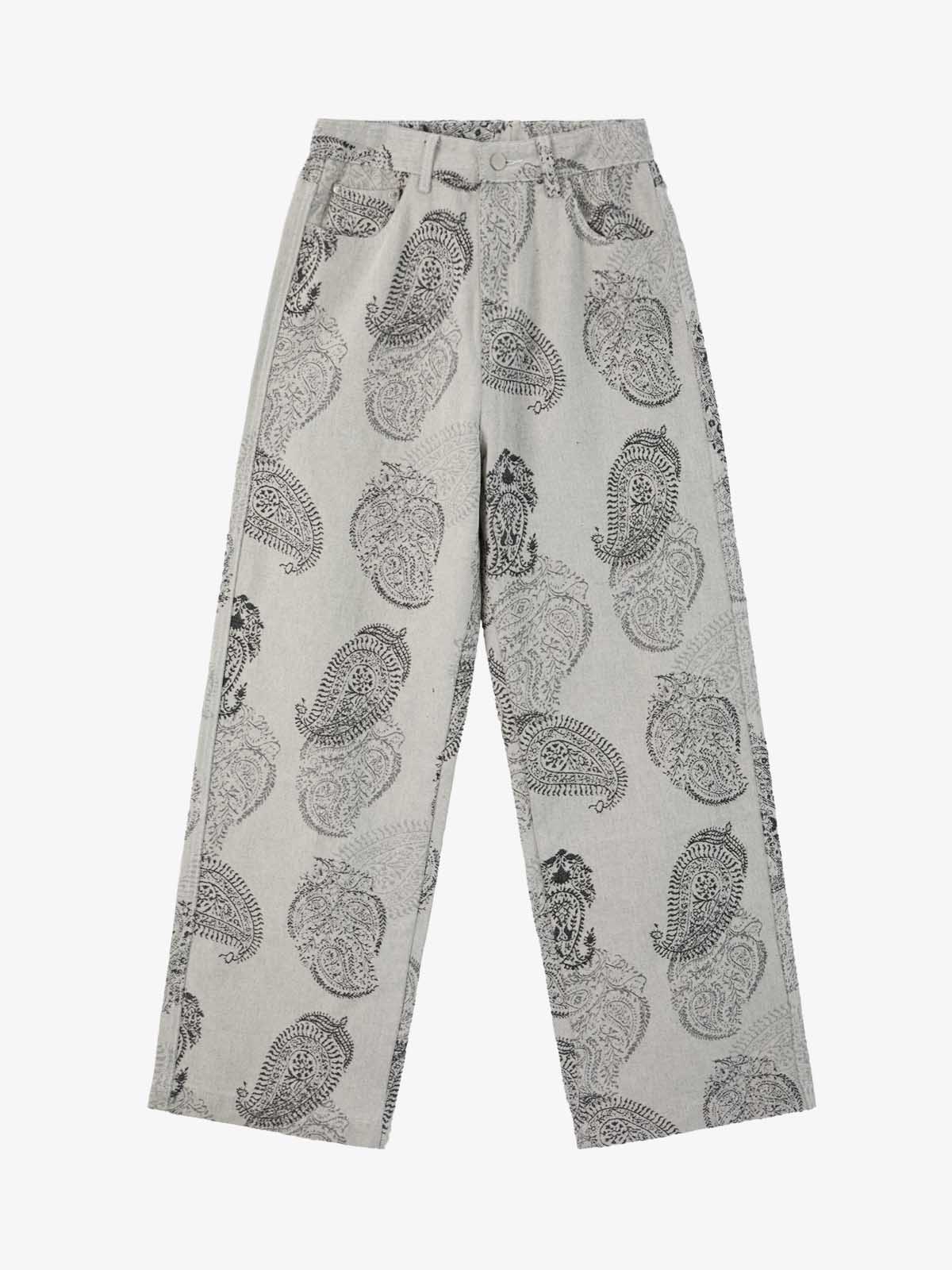 Linen Printed Wide-Leg Pants with Paisley Pattern High-Waisted Comfortable Trousers for Women 