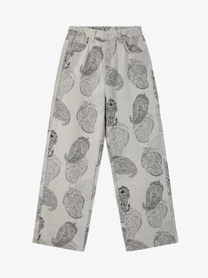 Linen Printed Wide-Leg Pants with Paisley Pattern High-Waisted Comfortable Trousers for Women 