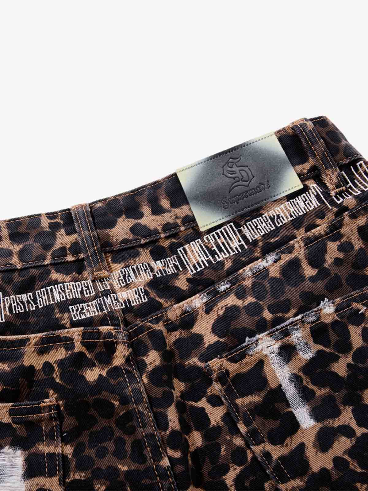 Bold Leopard Print Distressed Wide-Leg Jeans 