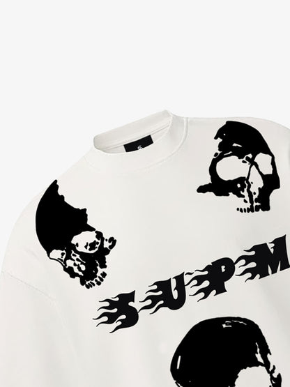 Oversized Flame Logo Skull Print T-Shirt with Distressed Hem 