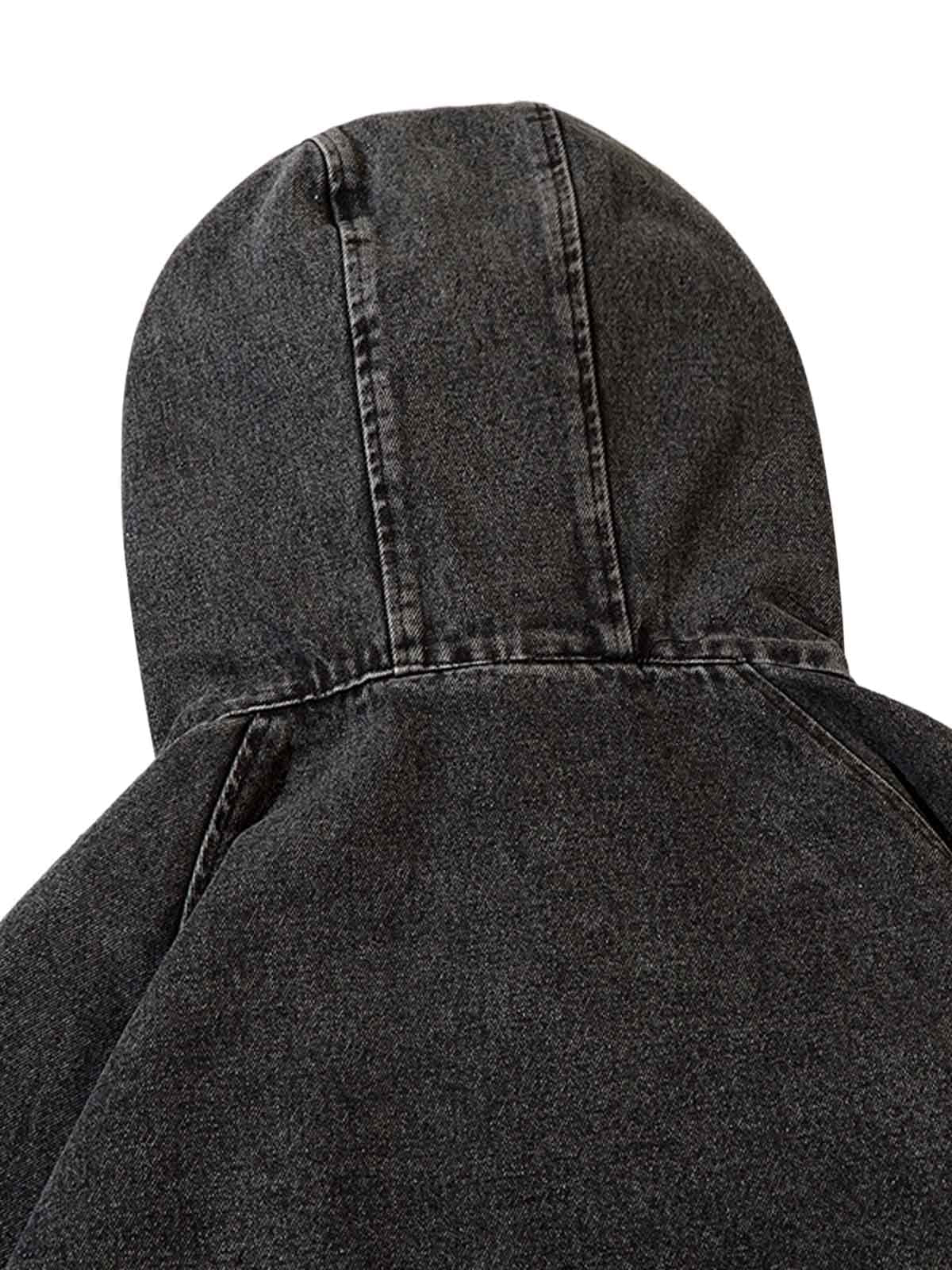 Washed Distressed Metal Zipper Hooded Denim Sweatshirt 