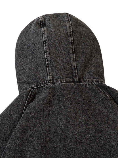 Washed Distressed Metal Zipper Hooded Denim Sweatshirt 