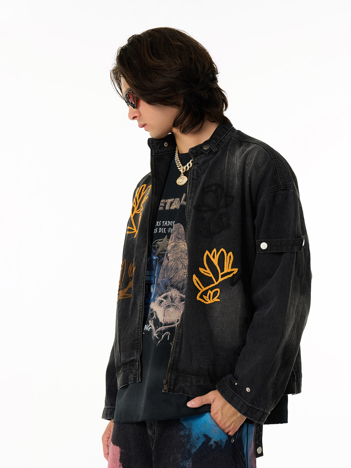 Embroidered Denim Jacket with Trendy Floral Design for Men 