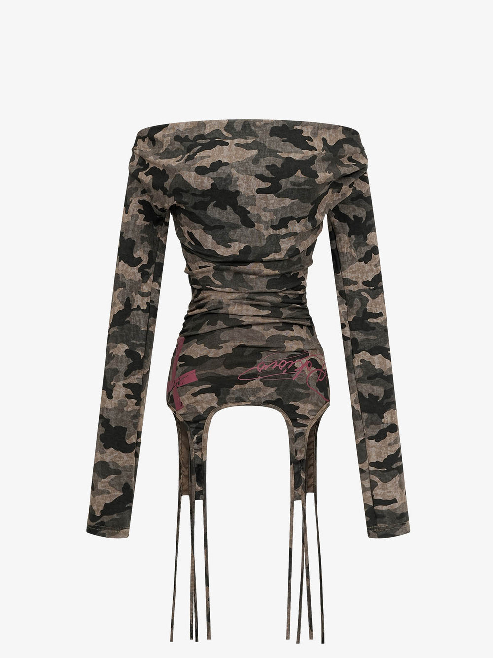 Off-Shoulder Camo Print Long Sleeve Tee