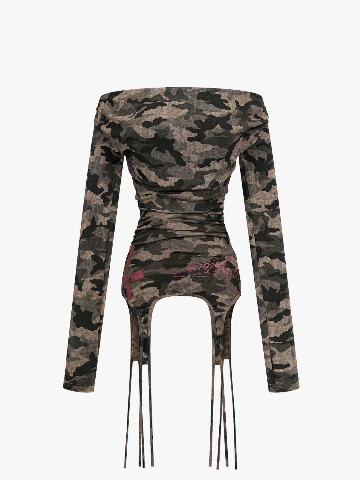 Off-Shoulder Camo Print Long Sleeve Tee