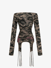 Off-Shoulder Camo Print Long Sleeve Tee