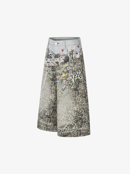 Charm Detail Leopard Denim Shorts 