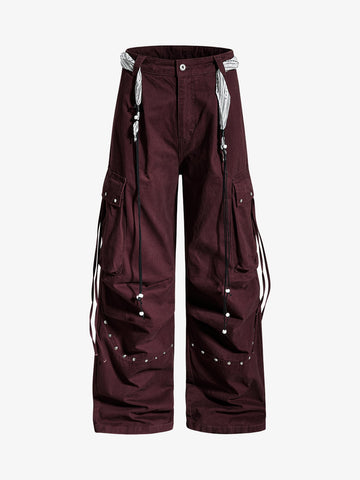 Bandana Waist Strap Multi-Pocket Cotton Cargo Pants 