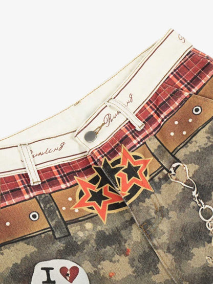 Layered Waist Camo Chain Detail Wide Leg Jeans