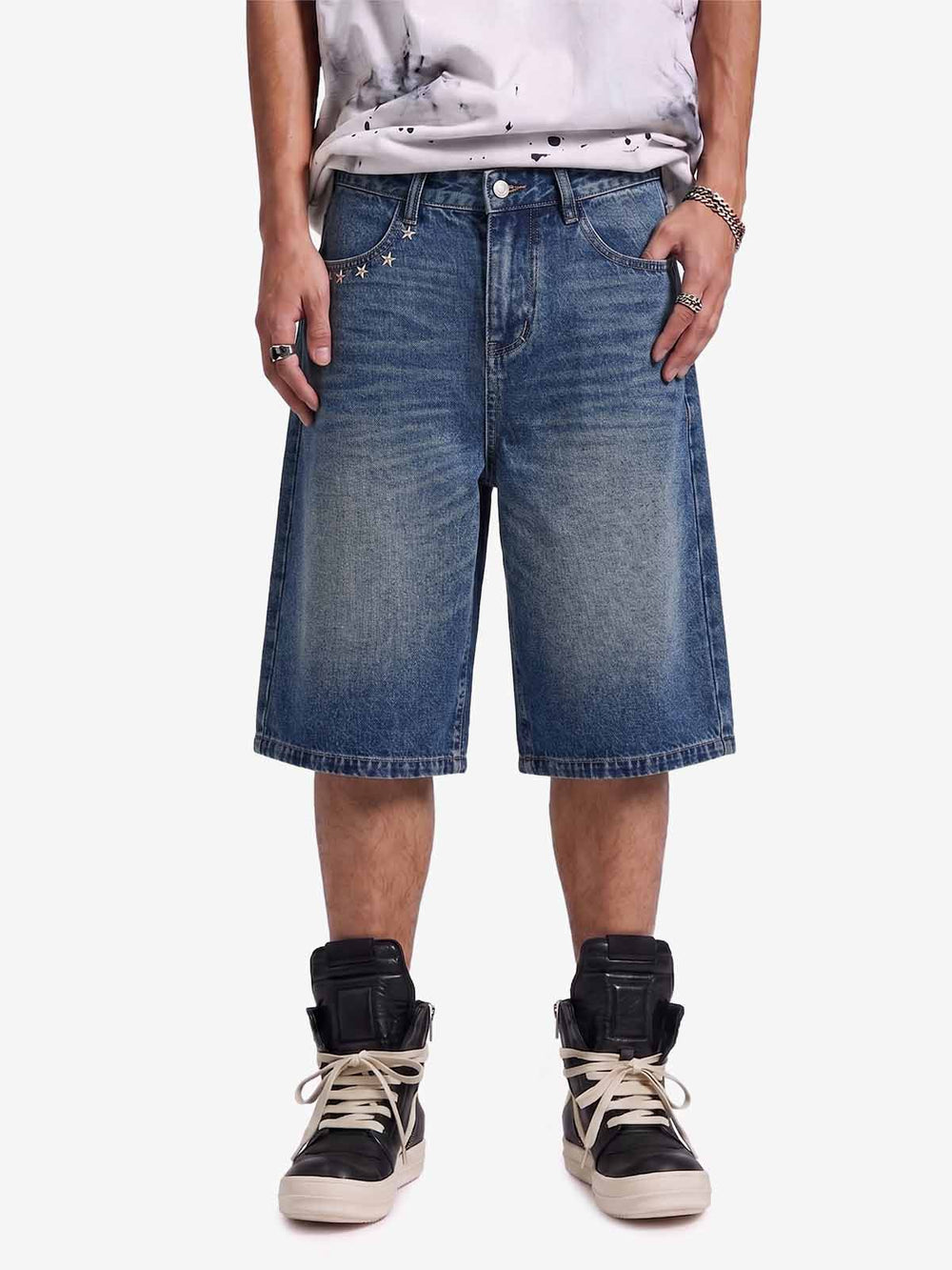 Star Embroidered Denim Shorts with Rivets