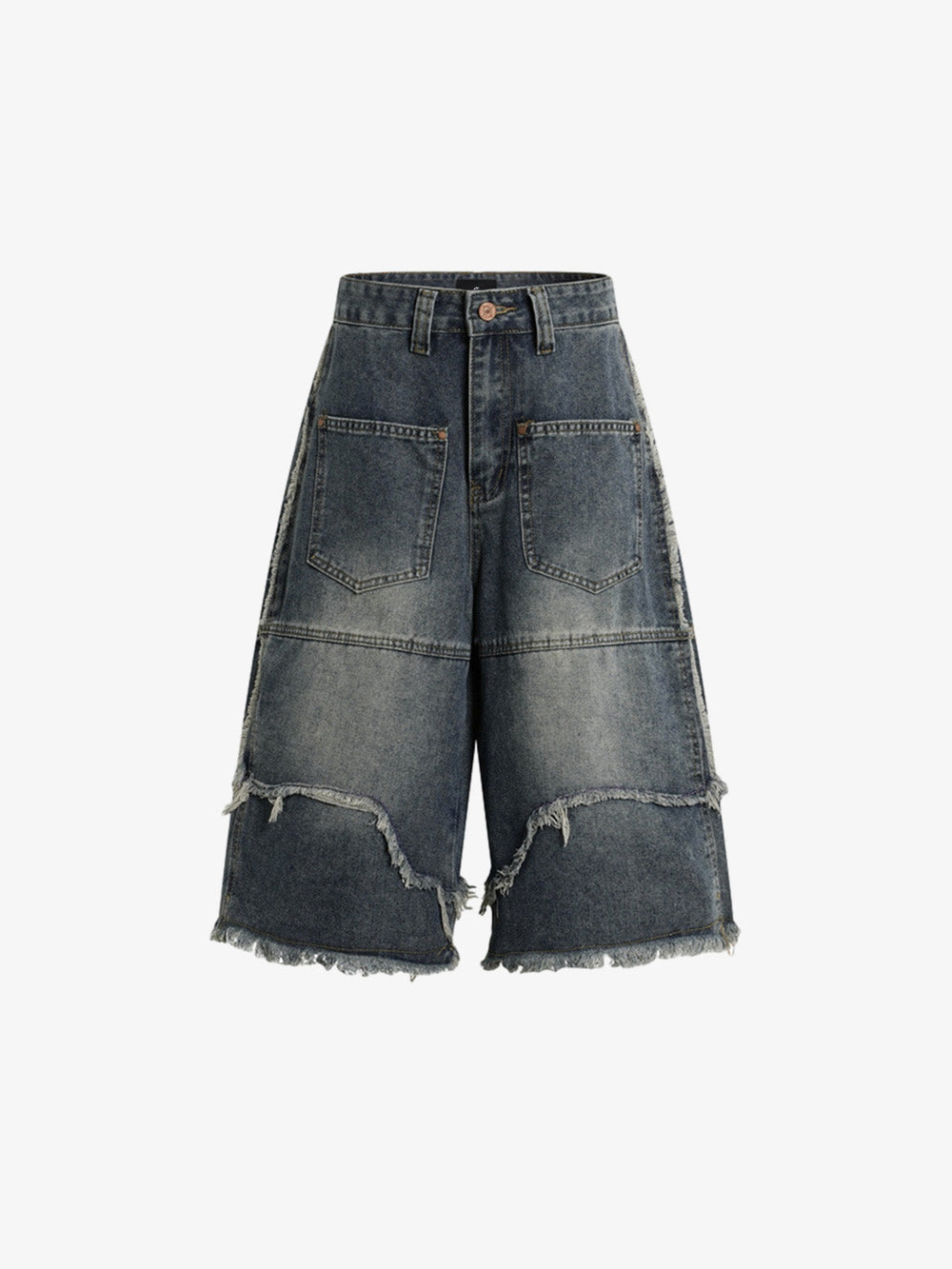 Frayed Layered Paneled Denim Jorts 