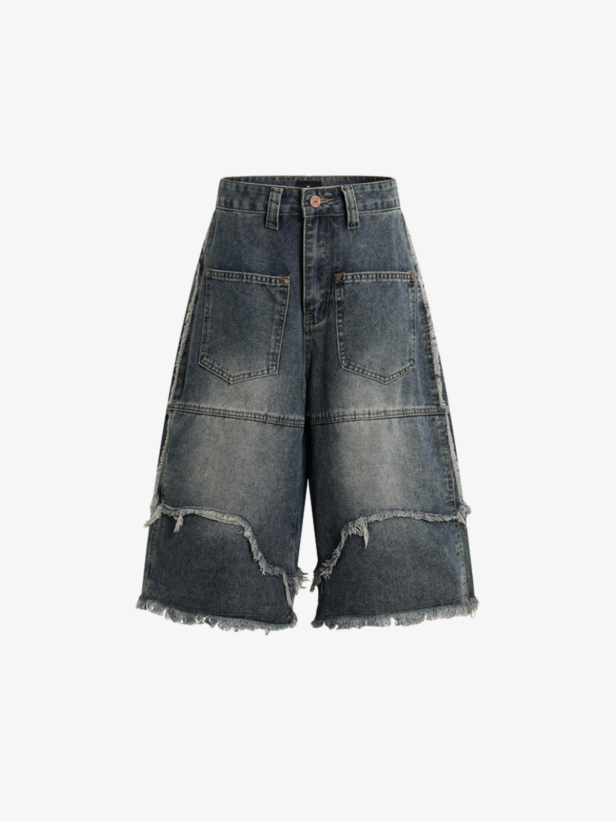 Frayed Layered Paneled Denim Jorts 