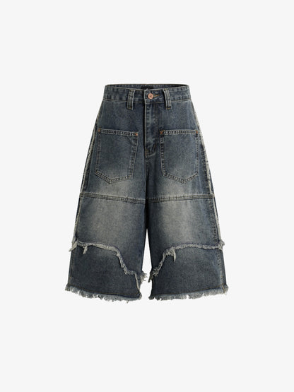 Frayed Layered Paneled Denim Jorts