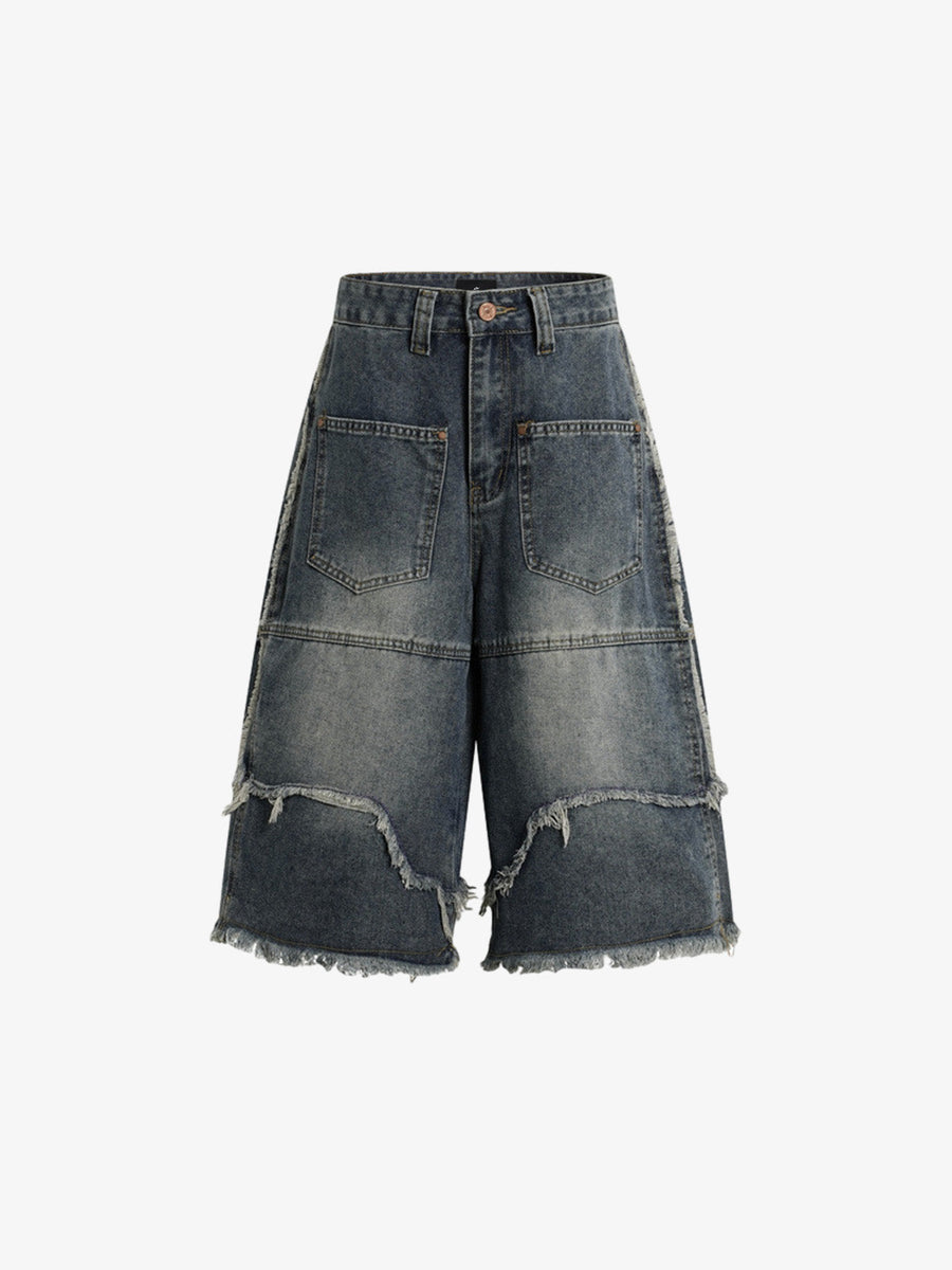 Frayed Layered Paneled Denim Jorts 