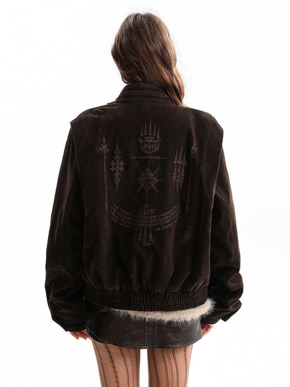 Vintage Suede Embroidered Toggle-Buckle Stand Collar Down Jacket 