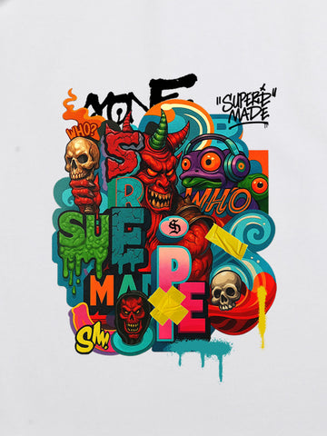Trendy Multicolor Graffiti Skull Graphic T-Shirt 