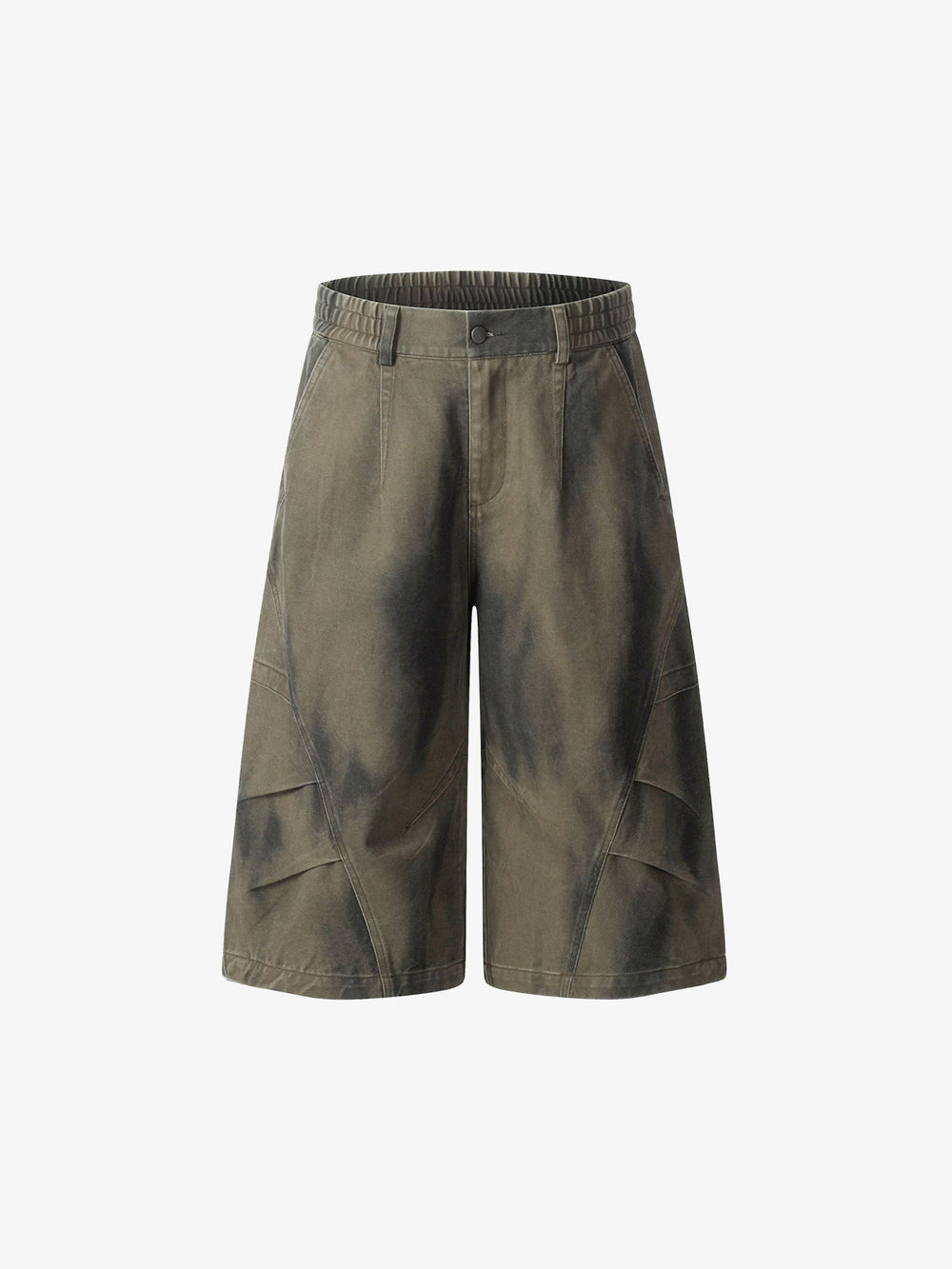 Olivfarbene, gewaschene Cargo-Shorts mit weitem Bein