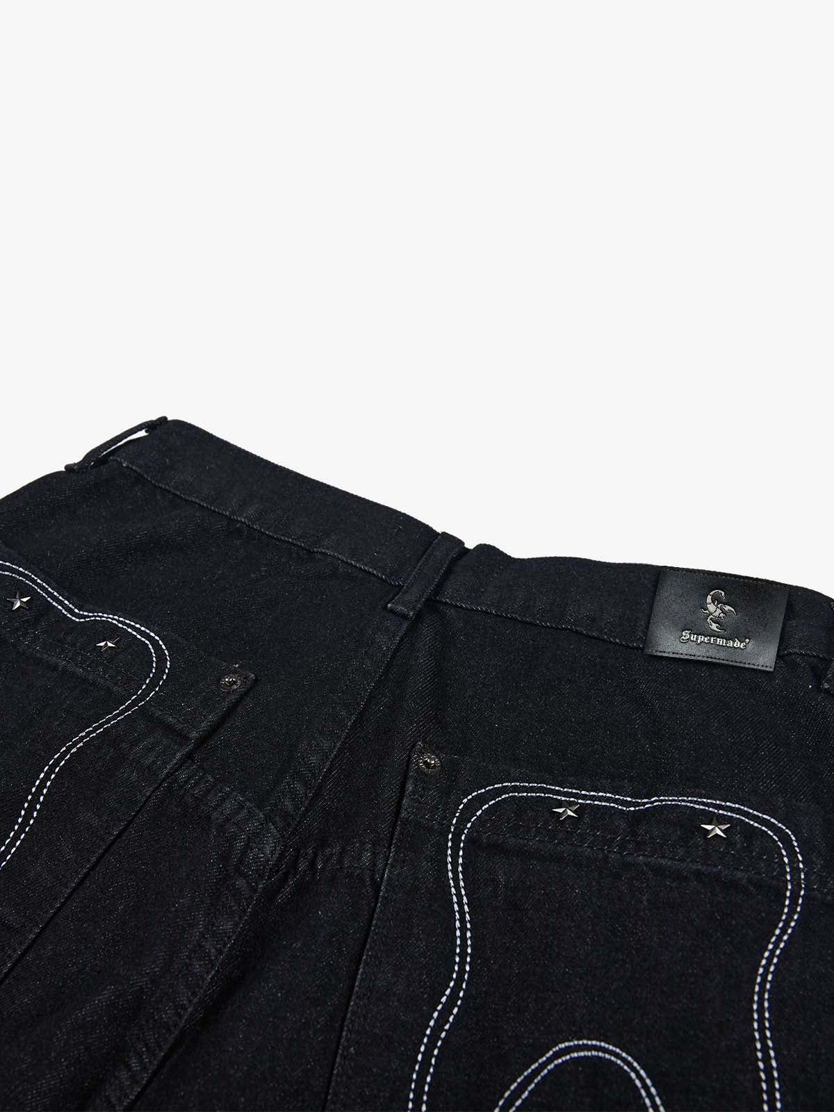 Gothic Graphic Raw Denim Baggy Barrel Jeans