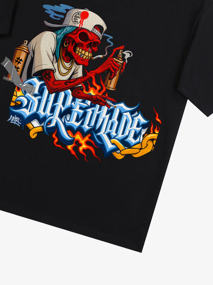 Thesupermade Skull Graffiti Artist Flame Flower Font T-shirt 