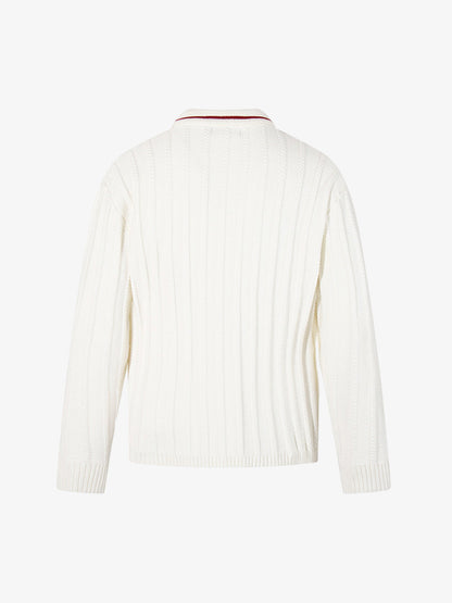 Retro Contrast Trim Ribbed Knit Polo Sweater 