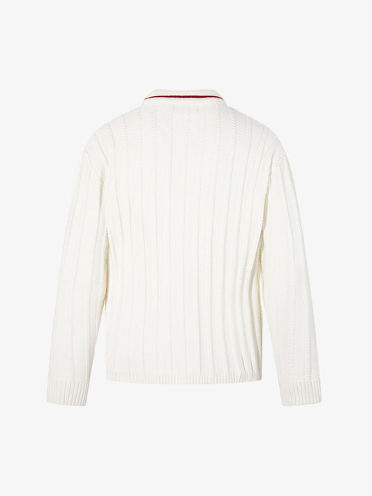 Retro Contrast Trim Ribbed Knit Polo Sweater 