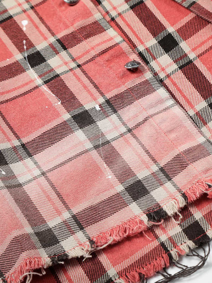 Cotton Plaid Shirt with Paint Splatter Design, Distressed Hem and Pockets, Casual Men's Long Sleeve Button-Up Jacket 