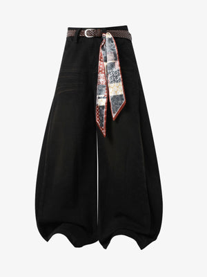 Cotton Wide Leg Pants with Belted Scarf Detail - Comfortable High Waist Culottes for Women 