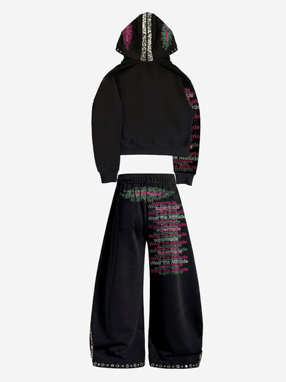 Leopard-Trim Studded Graphic Hoodie & Curved Pants Set