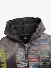 Distressed Multi-Label Graphic Sleeveless Zip Hoodie 