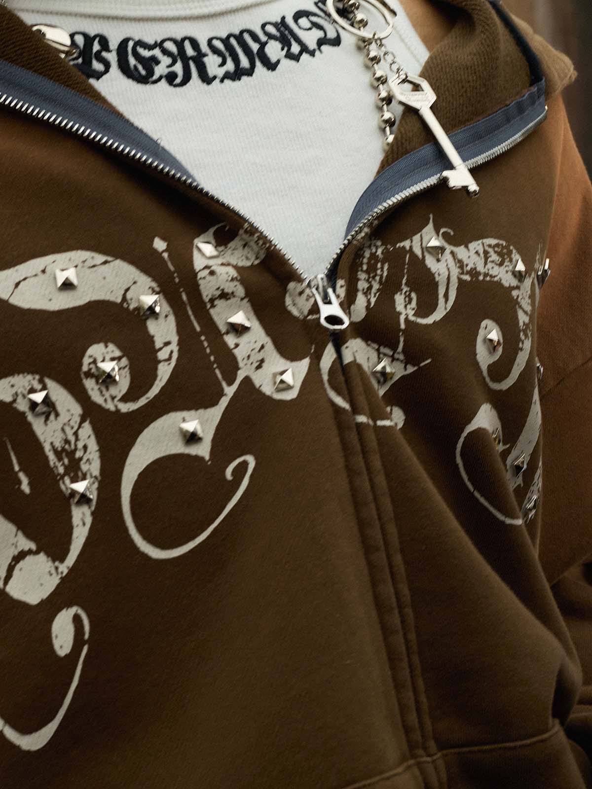 Supermade Vintage Distressed Studded Gothic Font Zipper Sweatshirt 