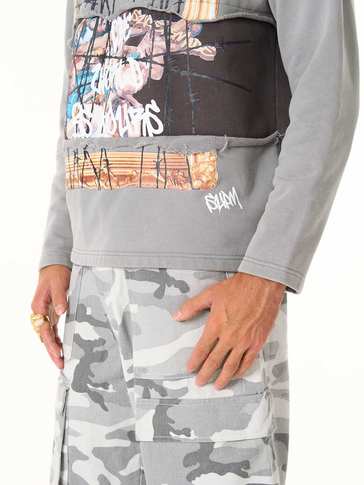 Distressed Hooded Sweatshirt with a Famous Painting of Thorn Destruction 
