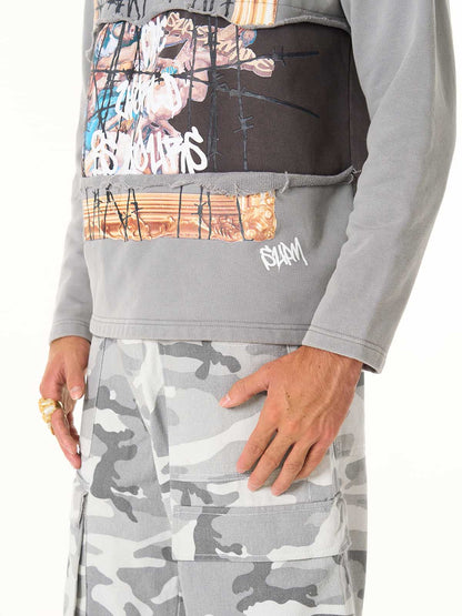 Distressed Hooded Sweatshirt with a Famous Painting of Thorn Destruction 