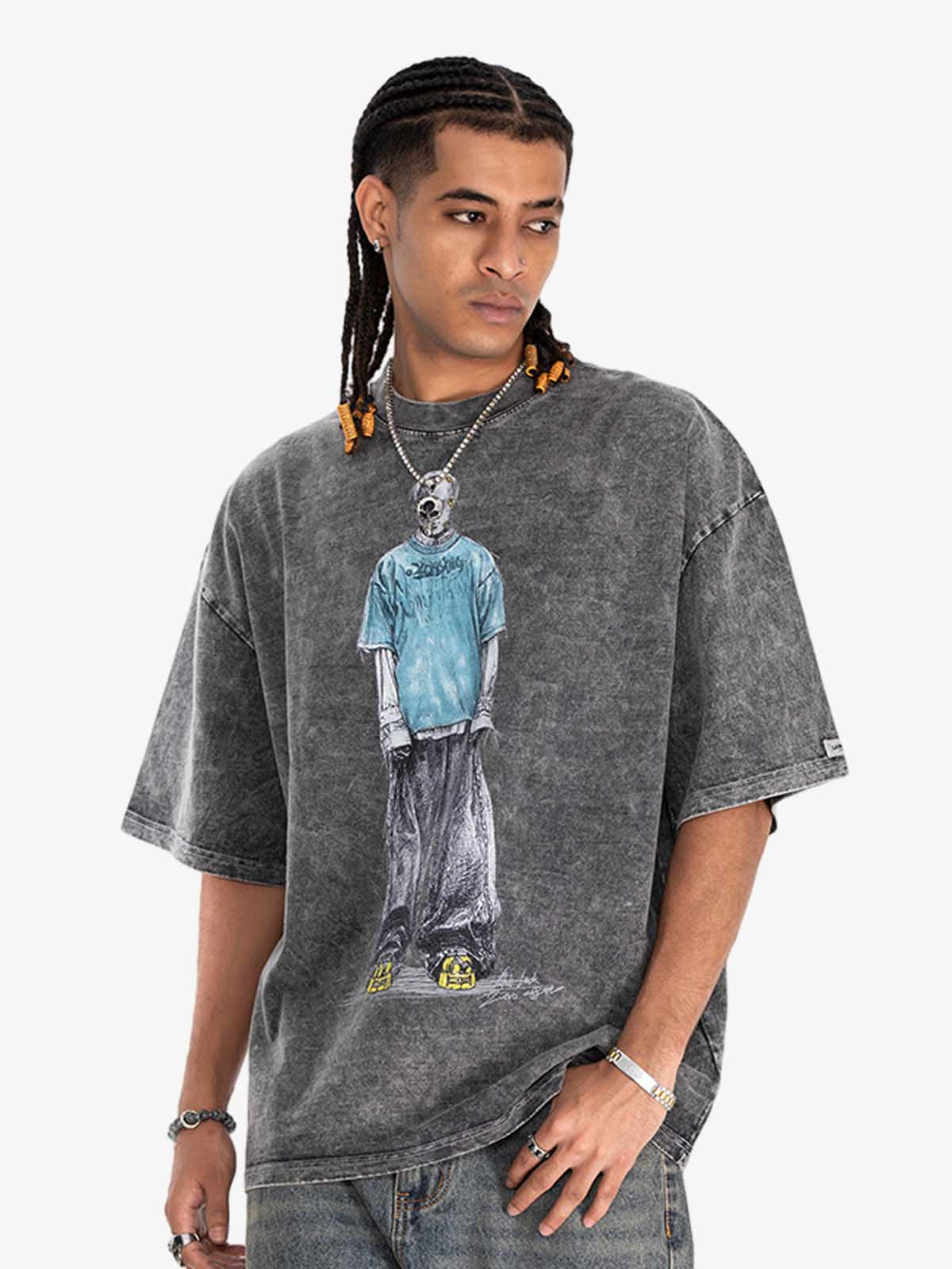 300G Jade Pattern Dyed Cotton Oversized T-Shirt with Skeleton Graphic Print Streetwear 