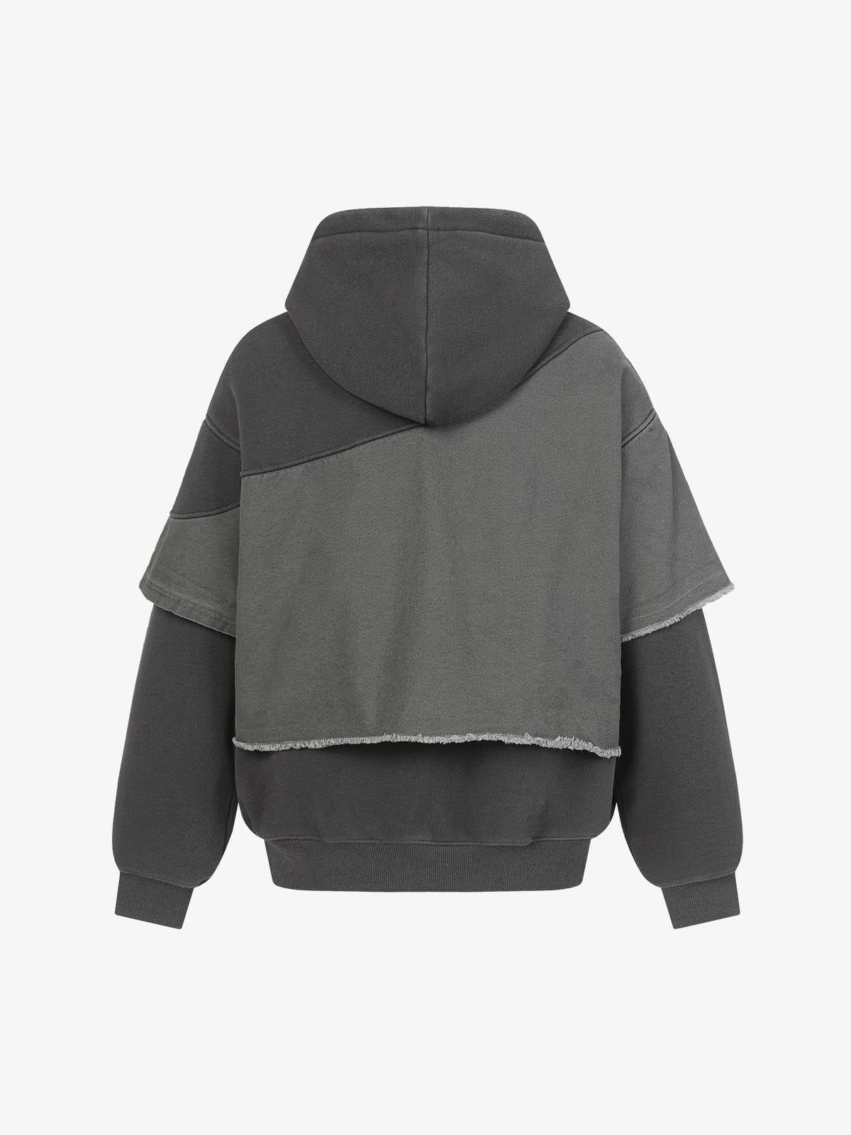 Distressed Patchwork Raw-Edge Layered-Hem Fleece Hoodie 