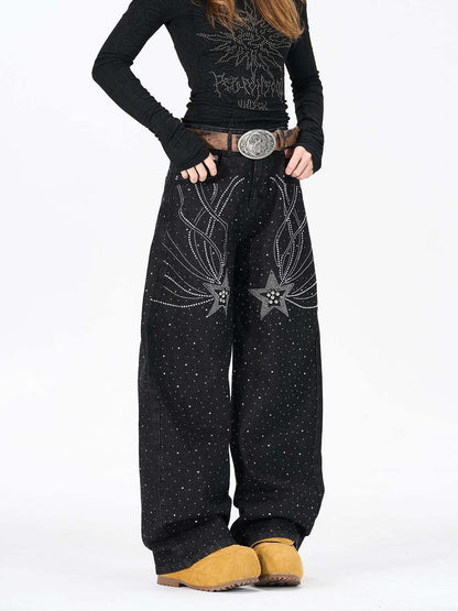 Star Rhinestone Embellished Baggy Jeans 