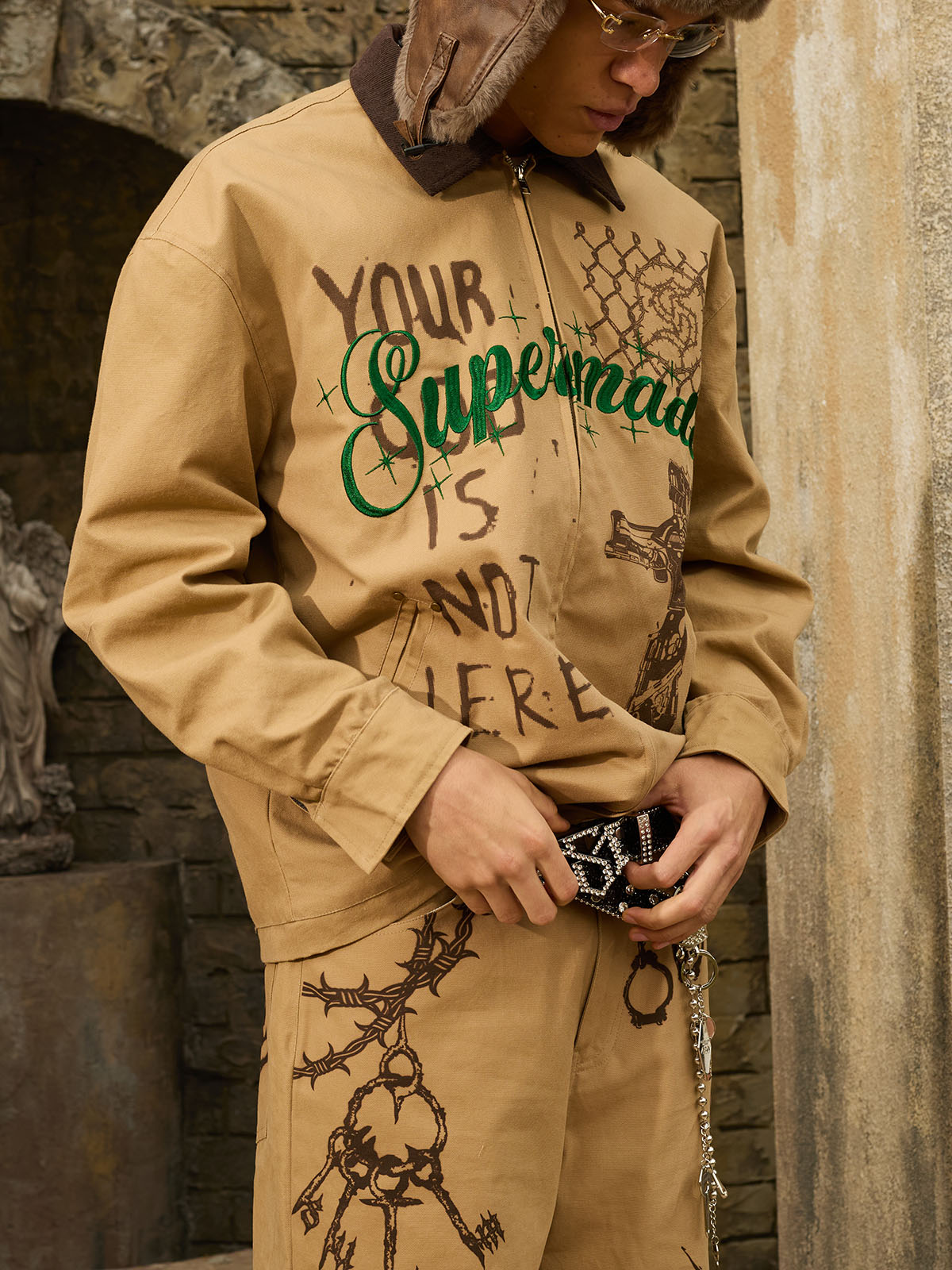 Supermade “Your God Is Not Here” Slogan Print Color-Blocked Embroidered Retro Canvas Jacket 