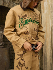 Supermade “Your God Is Not Here” Slogan Print Color-Blocked Embroidered Retro Canvas Jacket 