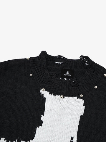 Cross Jacquard Ripped Long Sleeve Sweater