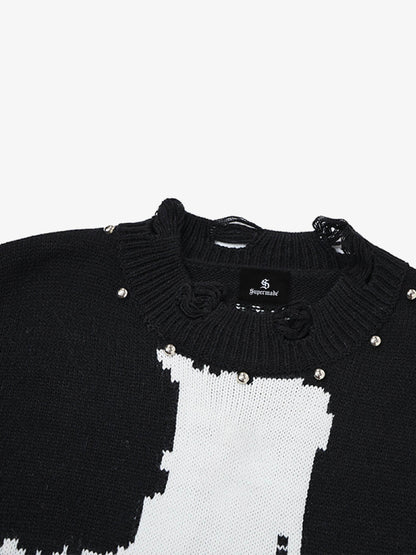Cross Jacquard Ripped Long Sleeve Sweater