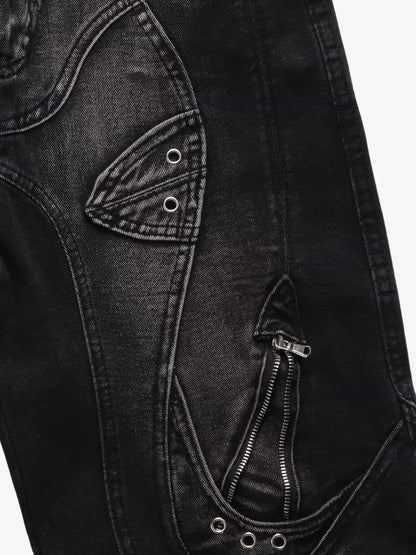 Vintage Distressed Curved Blade Barrel Jeans 