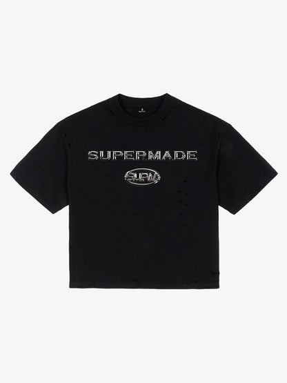 Distressed Metallic Logo Cropped T-Shirt 