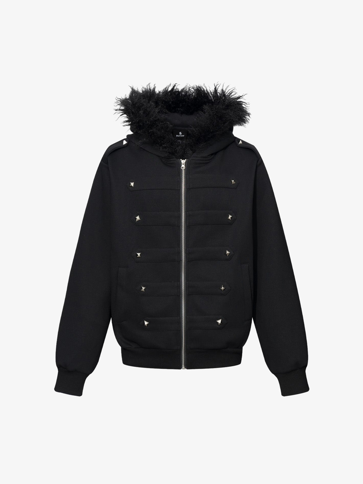 Studded Hooded Faux-Fur Collar Coat