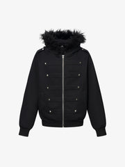 Studded Hooded Faux-Fur Collar Coat