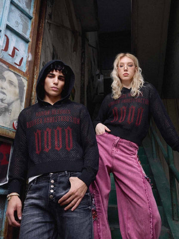 Anti-War Graphic Open-Mesh Knit Boxy Hoodie