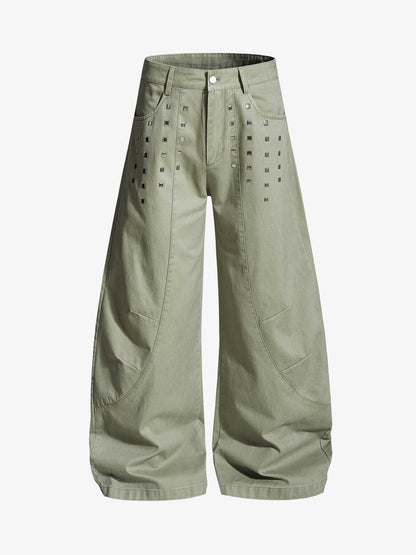 Heavy-Duty Studded Curved Wide-Leg Pants 