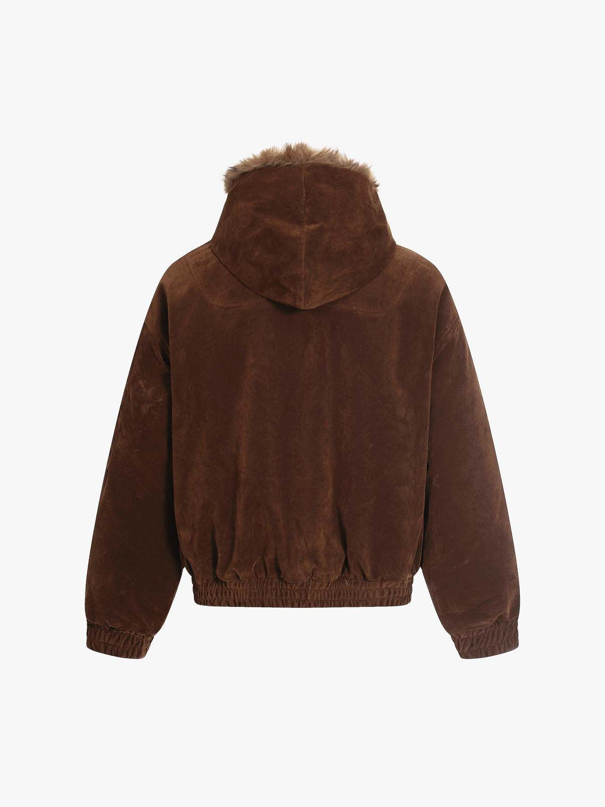 Streetwear Metal Clip Faux Fur Hooded Suede Bomber Jacket - 2597 