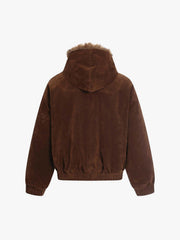 Streetwear Metal Clip Faux Fur Hooded Suede Bomber Jacket - 2597 